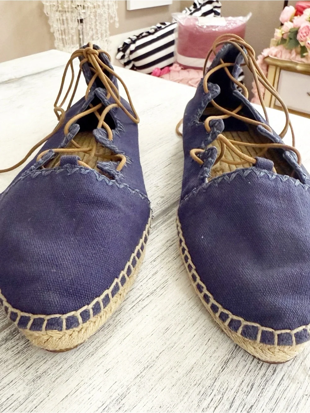 Tory Burch Navy Blue Canvas Lace-Up Espadrilles